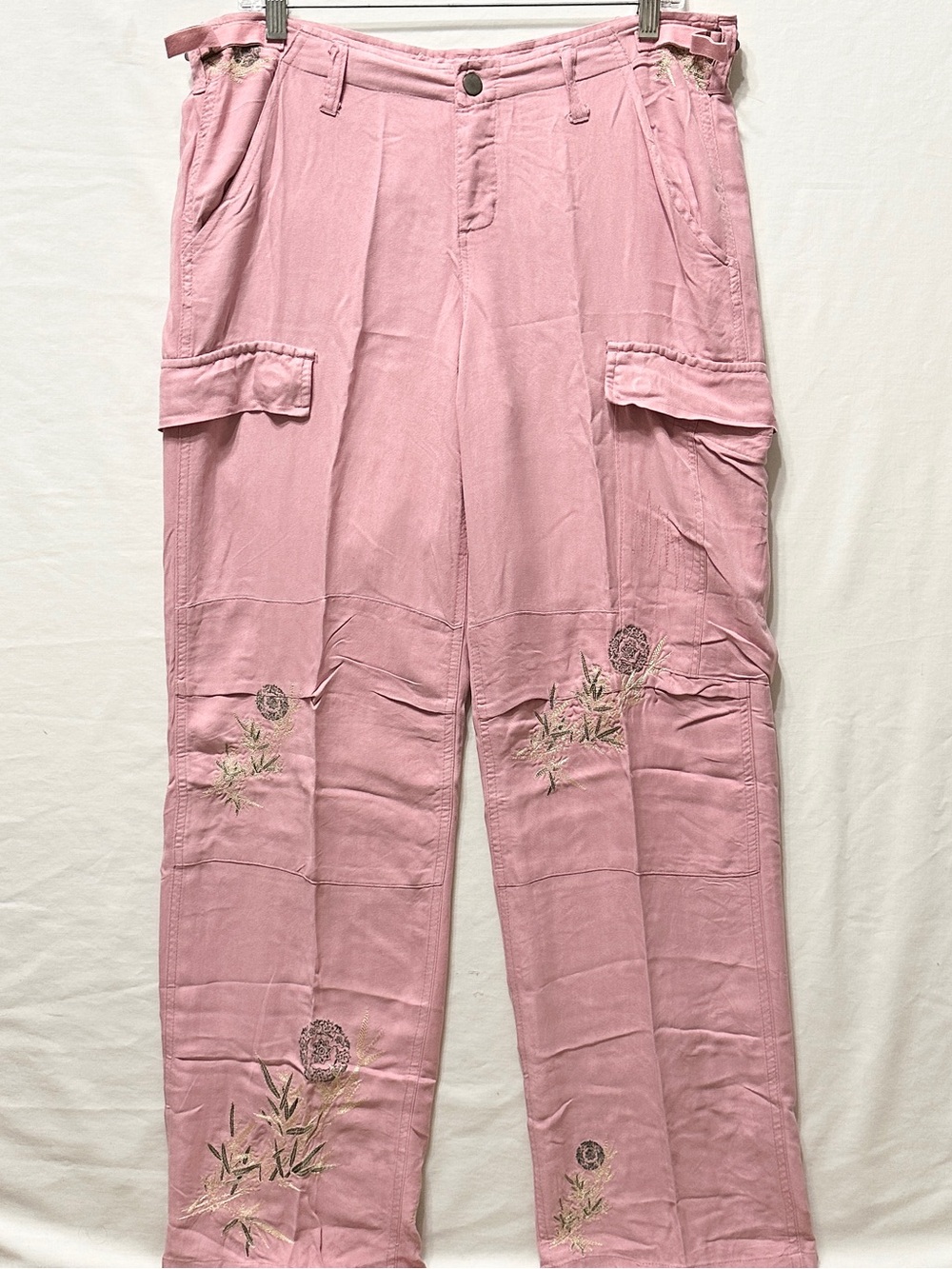 Vtg Da-Nang Pink 100% Silk Cargo Pants w/Floral Embroidery, Leg Cinching Ties- M